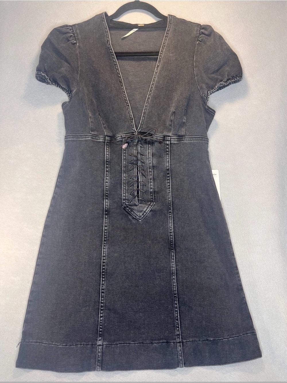 Free People Black Denim Sleeveless Mini Dress Size 6 V Neck Lace Up Moto Punk